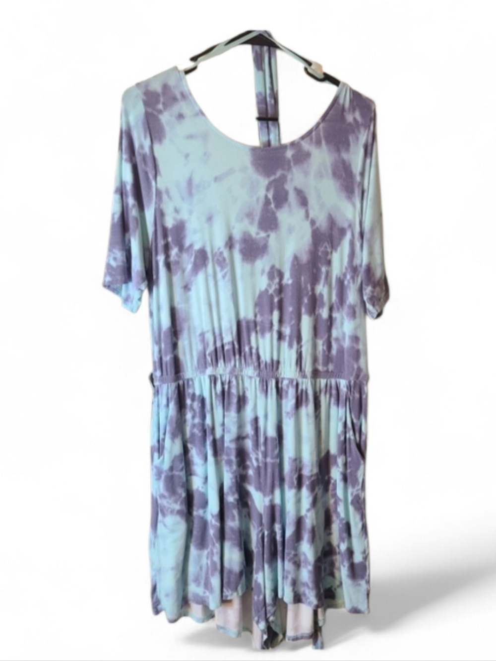 Pale blue and grey TORRID tie dye short sleeved romper